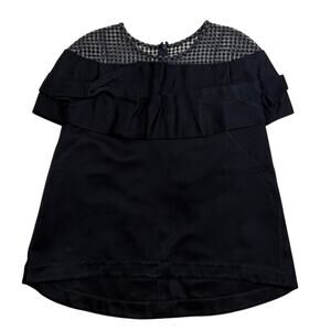 Tish Cox Blouse Navy Satin Sheer Shoulder Ruffle Overlay